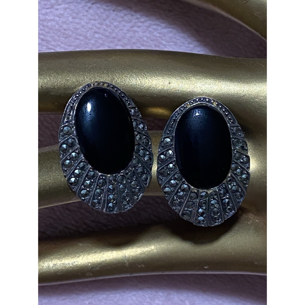 Vintage Sterling Silver Black Onyx / Marcasite Southwestern Stud Earrings 925
